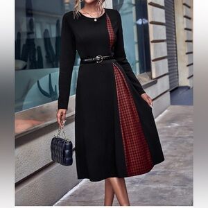 SHEIN  Black Long Sleeve Sheath Dress with Red Trim. Size 12